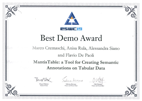 Best Demo Award for MantisTable
